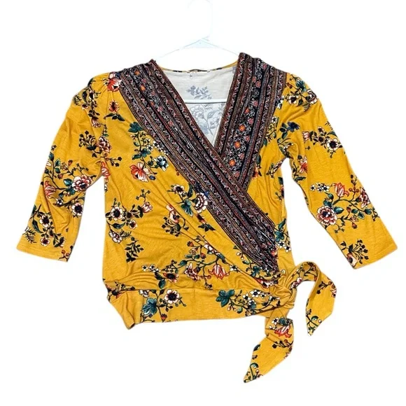 Loveappella Mustard Floral Wrap Top | Boho Tie Blouse - Picture 2 of 7
